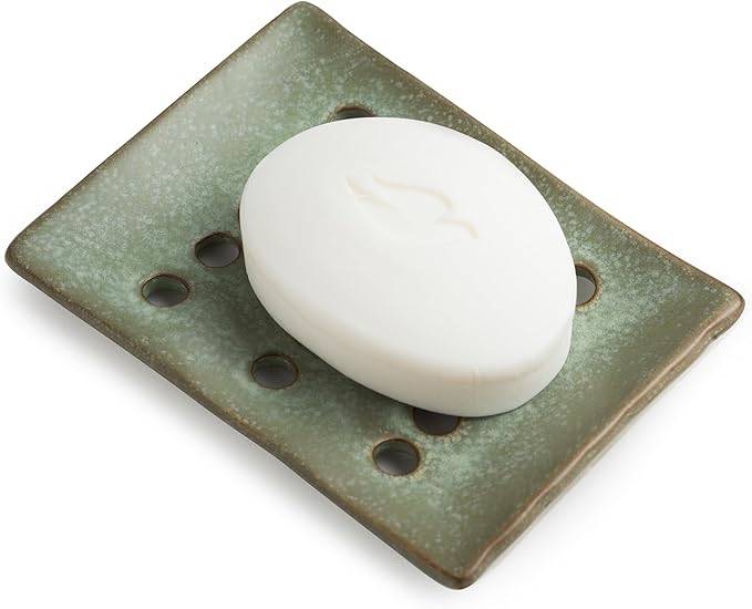 Ceramic Soap Dish with Self Drain for Shower, Bar Soap Holder to Lift and Keep Dry, Concave Design to Prevent Slipping, Suitable for Kitchen and Bathroom, Green