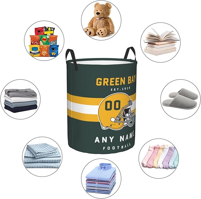 Custom Green Bay Laundry Hamper - Personalized Football Style Laundry Basket - Customized Name And Number - Dirty Clothes Hamper Waterproof Large Capacity Hamper for Bedroom Bathroom Living Room