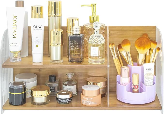 2-Tier Acrylic Makeup Organizer & Skincare Storage Cabinet Countertop Bamboo Desktop Organizer for Cosmetics, Skincare, and Essentials -Brown