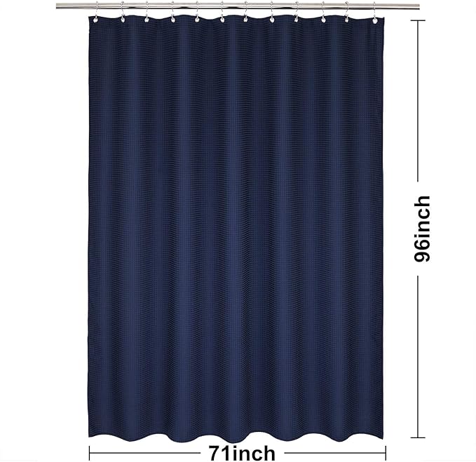 Extra-Long Waffle Weave Shower Curtain 71 Inch W x 96 Inch H - Hotel Luxury Spa, 230 GSM Heavy Weighted Fabric, Water Repellent, Navy Blue, 71x96