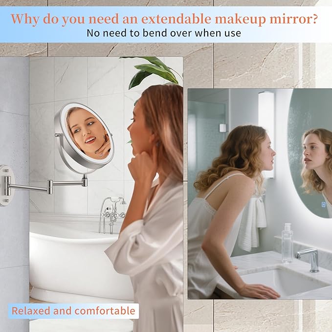 FUNTOUCH 5000mAh Rechargeable Wall Mounted Makeup Mirror with Lights, 9" Double Sided 1X/30X Magnifying Mirror with Dimmable 3 Color Light, Extended Swing Arm 360° Wall Mount Bathroom Mirror,Nickel