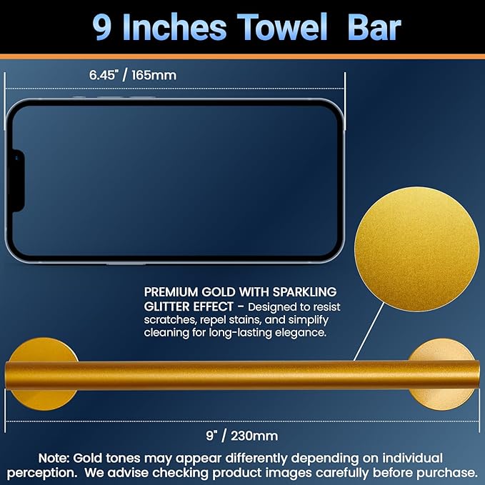 Miyili 9 Inches Hand Towel Bar Bathroom Towel Holder Kitchen Hanger SUS304 Stainless Steel Wall Mount Gold Finish, A01G23A