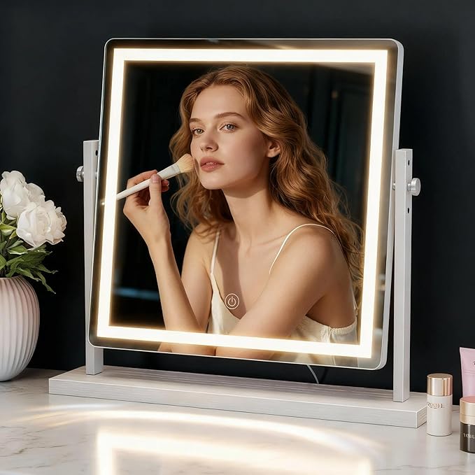 Makeup Vanity Mirror with Lights - 15.7"x15.7" LED Lighted Make Up Mirrors Adjustable Height, Touch Screen with 3-Color Lighting, Dimmable, 360° Rotation, for Dorm Desk Tabletop, Bedroom
