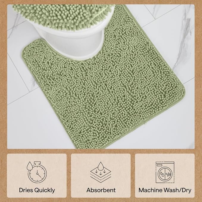 GORILLA GRIP Plush Absorbent Shaggy Chenille Bath Rug Mat for Oval Toilet Base with Rubber Backing, Machine Washable Rugs, Soft Microfiber Contour Mats for Toilets, Quick Dry, Bathroom Decor, Sage
