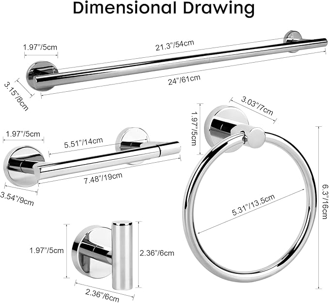 Polished Chrome Bathroom Hardware Accessories Set 4 Pieces,Towel Bar Set Stainless Steel Wall Mounted, Includes 24 in Towel Holder Set, Toilet Paper Holder Bathroom Towel Rack Set Silver