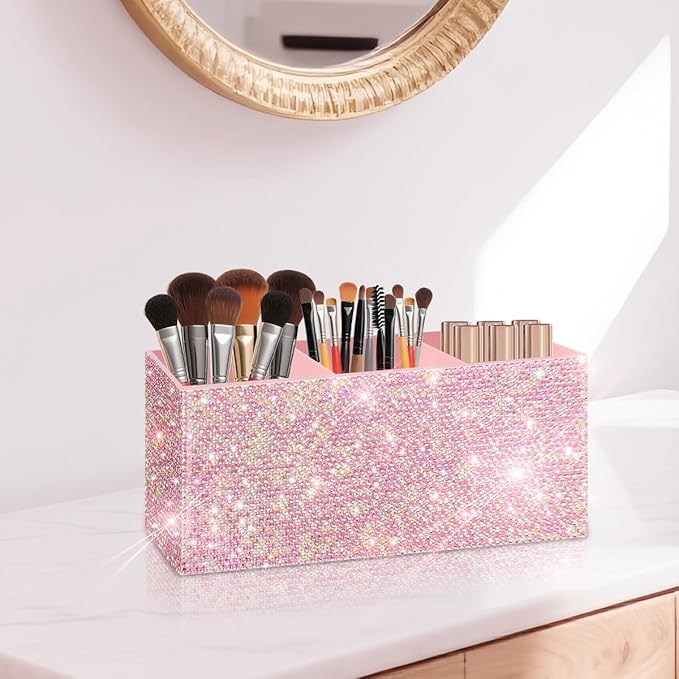 Bling Makeup Brush Holder Organizer, 3 Slot Sparkle Cosmetics Brushes Storage Holders with Shiny Rhinestones, Glitter Cute Pen and Pencil Holder for Desk, Eyeliners Display Case for Vanity???Pink???