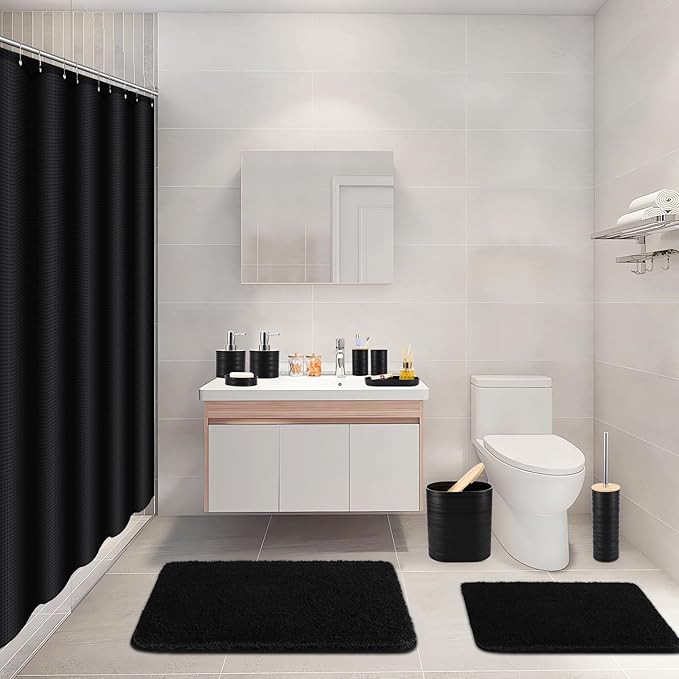 XLHOMO Bathroom Set - Black Bathroom Accessories Set, Bathroom Sets with Shower Curtain and Rugs, 25PC Shower Curtain Set with Hooks, Soap Dispenser, Soap Dish, Toilet Brush Holder and Trash Can