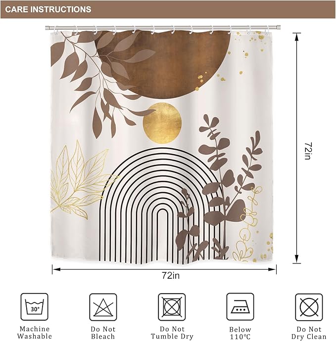 Riyidecor Brown Boho Mid Century 4Pcs Bathroom Shower Curtain Sets Modern Abstract Gold Bathroom Decor Set with Rugs and Accessories Minimalist Toilet Lid Rug, Contour and Bath Mat with 12 Hooks