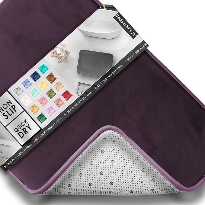 Clara Clark Bathroom Rugs, Velvet Memory Foam Bath Mat, Non-Slip, Machine Washable Bath Rugs - Dries Quickly, Ultra Soft Plush Bath Mats for Bathroom, 20 x 32, Dark Purple