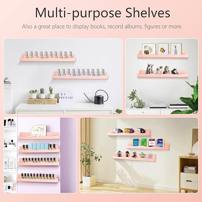 Nail Polish Wall Rack, 6-Shelf 15-Inch Light Pink Acrylic Nail Polish Shelves with Removable Ends – Multi-Purpose Shelf for Essential Oils, Cosmetics Storage and Display for Salons and Bathrooms