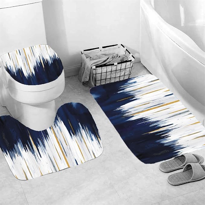 NBVKO 4PCS Navy Blue Oil Painting Style Shower Curtain Set with Non-Slip Rugs,Toilet Lid Cover and Bath Mat,Bathroom Decor Accessory Set