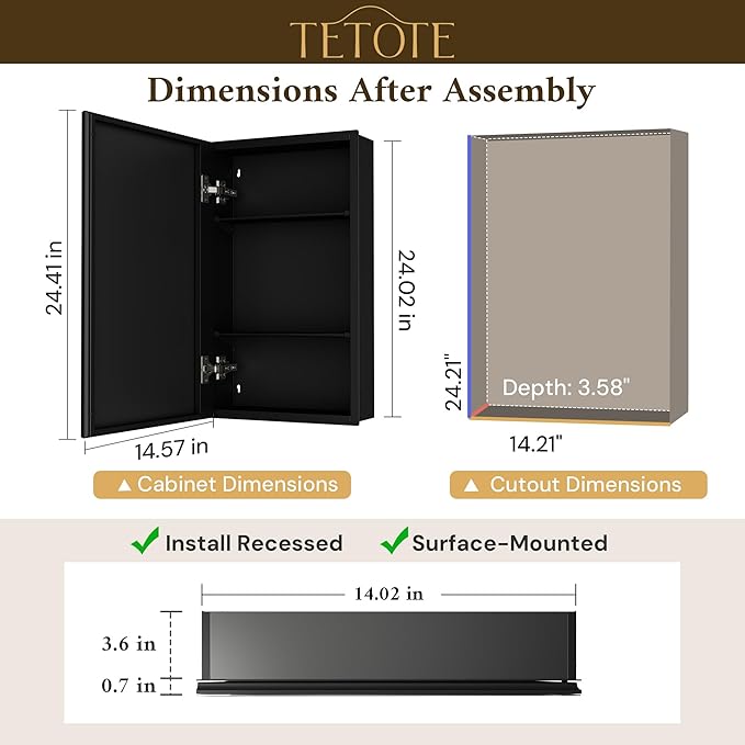 TETOTE 14 x 24 Medicine Cabinet with Tempered Beveled Mirror Black Aluminum Cabinet DTC Hinges, Stepless Adjustable Shelves, Recessed/Surface-Mounted