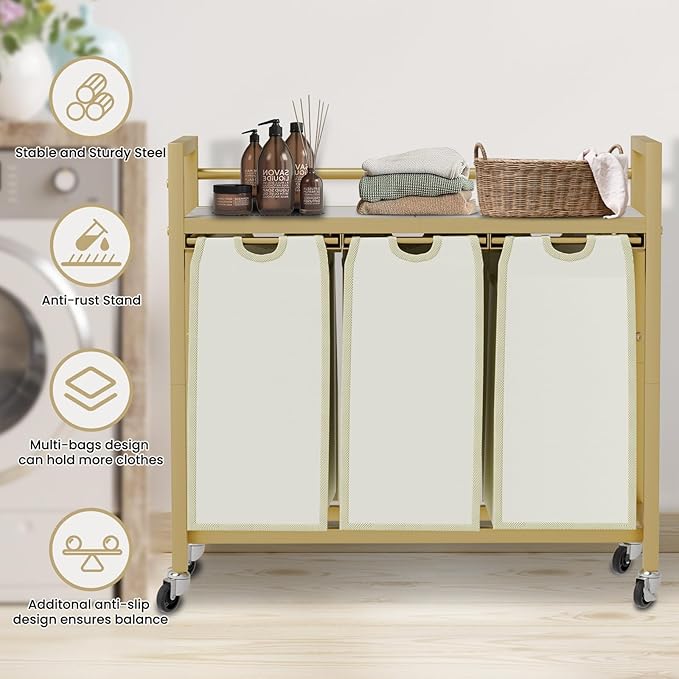 SwaaVee Laundry Hamper, Laundry Basket, Laundry Sorter with 3 Removable Bags, Clothes Basket with 3 Compartments, Wheels, Shelf for Laundry Room Bathroom Bedroom (3 Bags-Golden)