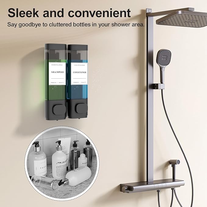 Shampoo and Conditioner Dispenser – Wall-Mounted Shower Soap Dispenser, No-Drill Installation, Lockable, 900 ml Capacity,for Bathroom & Hotel or Airbnb (Black, 2-Pack)