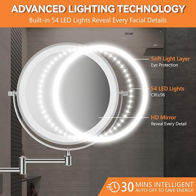 Auxmir 8'' Wall Mounted Lighted Makeup Mirror, 3200mAh Rechargeable Double-Sided 1X/20X Magnifying Mirror with Light, Touch Dimmable 3 Color Light, 360° Rotation Foldable Extended Arm, Chrome