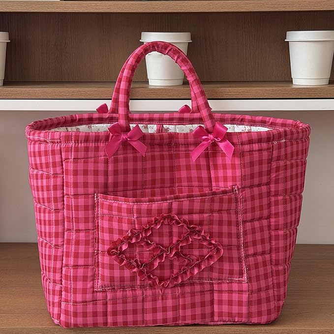 Quilted Fabric Basket Car Storage Basket Boho Floral Laundry Hamper for Nursery Bedroom & Living Room | Organize Clothes Toys (Hot Pink Gingham Check)
