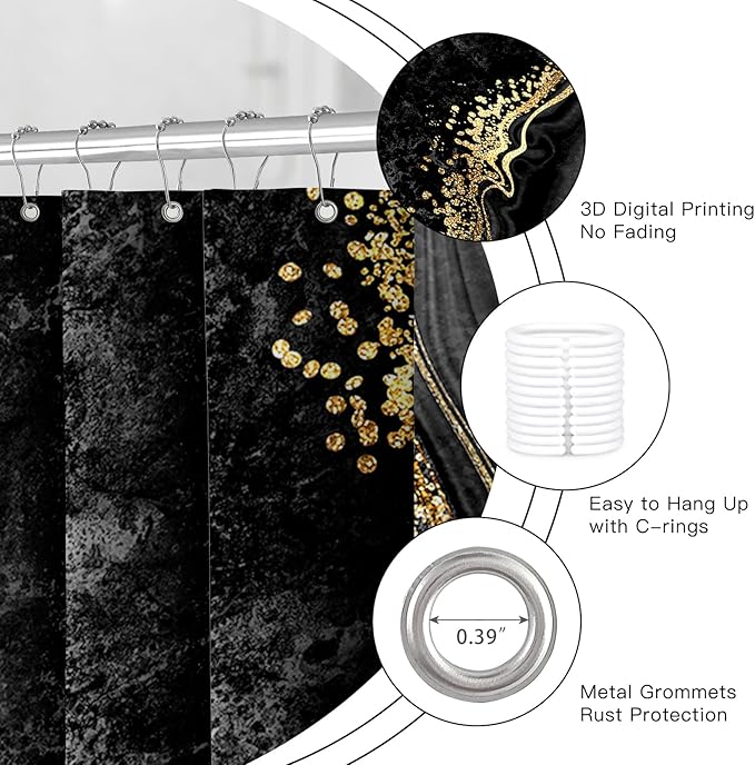 4PCS Black Gold Marble Shower Curtain Sets with Rugs, Abstract Bathroom Sets with Shower Curtain and Rugs, Modern Bathroom Curtains Shower Set with Accessories for Bathroom Decor