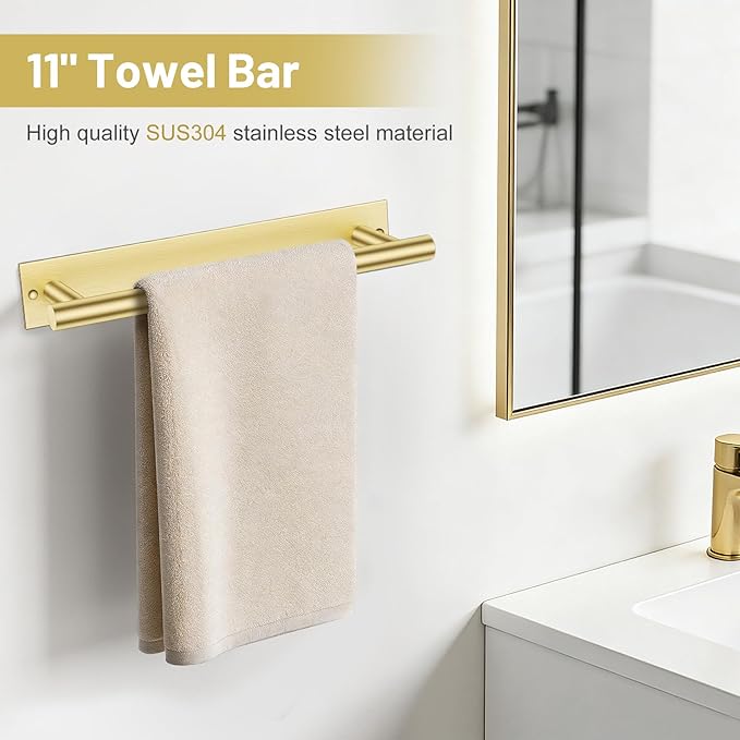 Lairuier 4-Piece Bathroom Hardware Set, Brushed Gold Towel Holder Set Include Adhesive or Screw Towel Bar, Toilet Paper Holder and 2 Towel Hooks, Stainless Steel Wall Mounted Bathroom Accessories