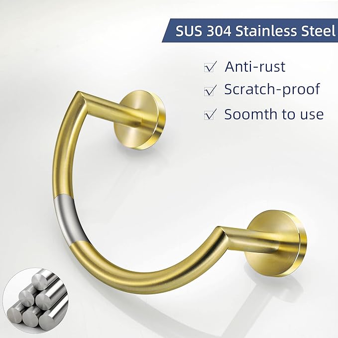 BigBig Home Brushed Gold Hand Towel Holder, Bathroom Towel Ring Stainless Steel, Semi-Circular Hand Towel Hanger Racks Wall Mounted Half Round Modern