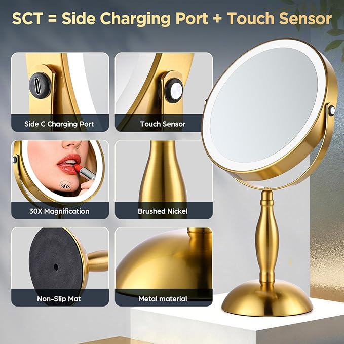 Makeup Mirror with Lights, 30X Golden Magnifying Mirror, 5000mAh Rechargeble Double Sided Mirror - Side Charge & Side Touch, Brightness Adjustable with 3 Colors, 360°Swivel Vanity Mirror