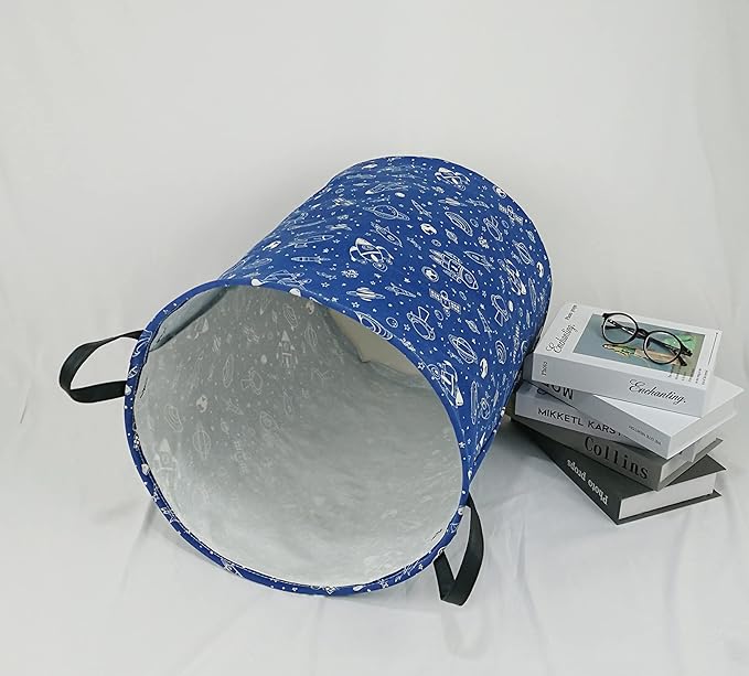KUNRO Round Laundry Gift Basket Storage Hamper, Clothes Storage Organizer Bins, Shelf Basket with Handles for Room Decor (navy Spaceship)