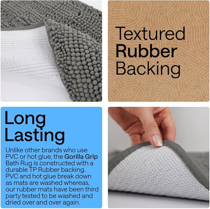 GORILLA GRIP Bath Rug Mat 60x24, Soft Absorbent Chenille, Quick Dry Microfiber Mats, Rubber Backing Washable Shower Floor Rugs, Bathmat Runner, US Designed Bathroom Home Decor Accessories Charcoal