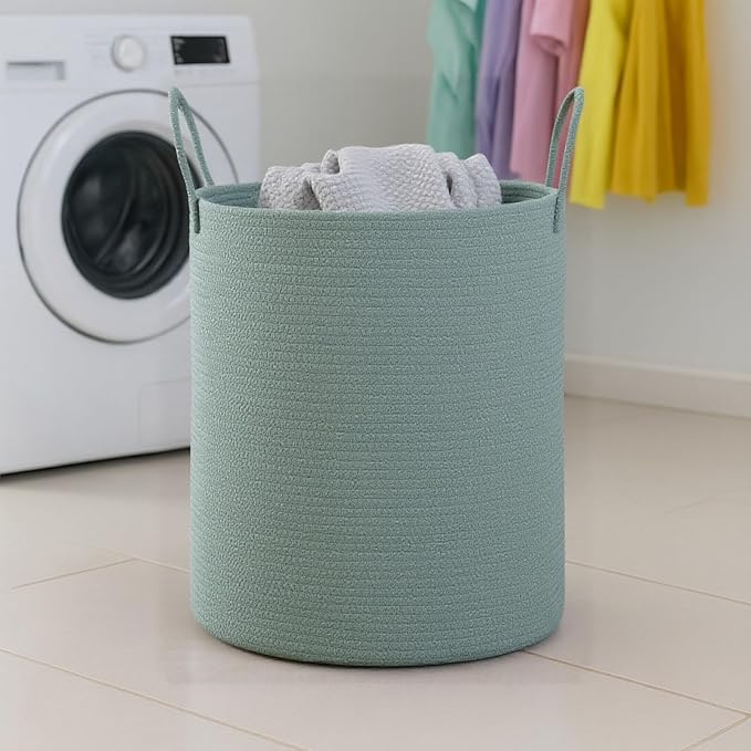Woven Basket Nursery Laundry Hamper with Handles, Clothes Storage Organizer, Woven Basket for Boy Room Decor, Toy & Blanket Storage Bin, 15x15x18 Inch,Green,1pc