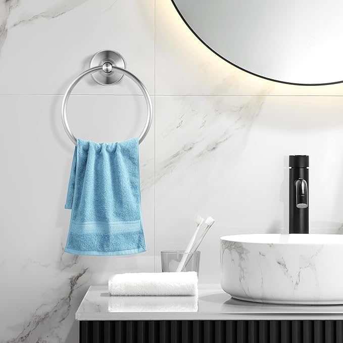 YOHOM Suction Cup Towel Ring Hand Towel Holder for Bathroom Vacuum Suction Washcloth Holder Dish Towel Hanger for Shower Wall No Drill Stainless Steel Brushed Finish, 1 PCS