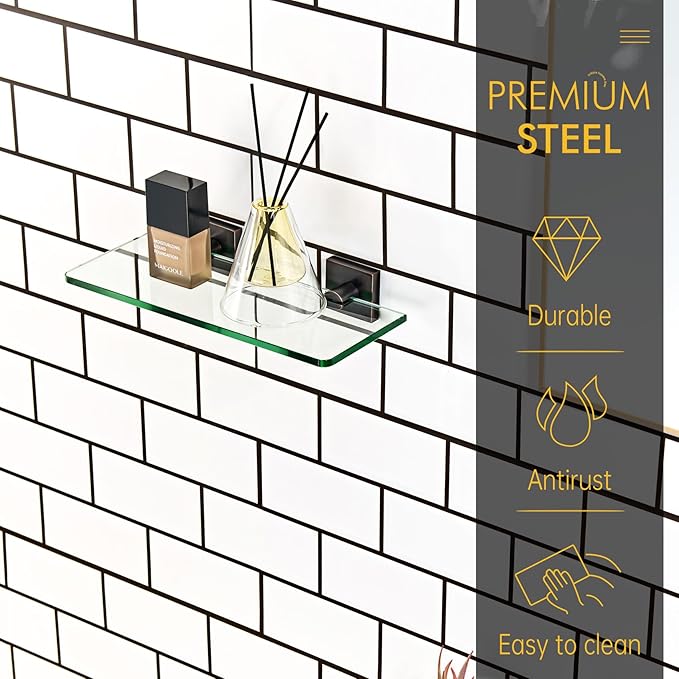KOKOSIRI Bathroom Wall Shelves 12-Inch Tempered Glass Floating Shelf for Shower Storage Decor, 2 Pack Oil Rubbed Bronze Stainless Steel B1107ORB-L12-P2