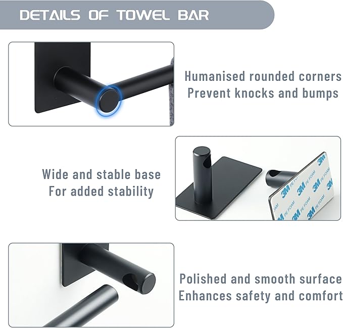 Alise Adhesive Towel Bar 12 Inch Towel Racks for Bathroom SUS 304 Stainless Steel,Bathroom Towel Holder No Drill, Strong Self Adhesive Towel Hanger Wall Mounted,Matte Black