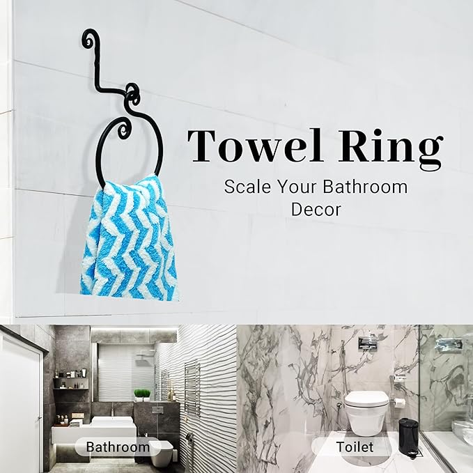 The Metal Magician Round Hand Towel Holder for Bathroom Wall - Kitchen Towel Ring - Aesthetic Design & Heavy Duty Durability - (Ornamental Curve) - (Black)