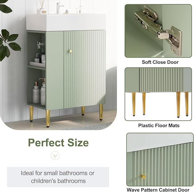 Virubi 21.6 in Small Bathroom Vanity with Sink,Doors and Storage Shelves,Wood Modern Single Fluted Bathroom Sink Cabinet Freestanding (Green,Left Shelf)