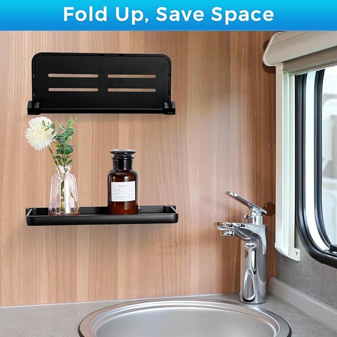 Small Folding Wall Shelf for Bathroom & RV - 90° Fold Up and Waterproof, Small Floating Metal Shelf for Laundry Room, Toilet Room & Sink Side, Aluminum, Save Space (2-Pack, Black)