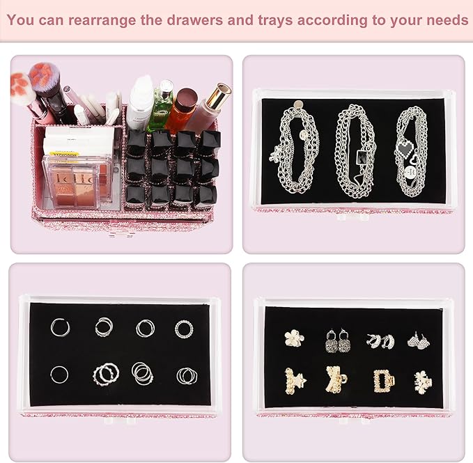 KEYPOWER Makeup Organizers Drawer Bling Diamond,Fashion Countertop Jewelry Cosmetic Storage Display Boxes,Makeup Brush Holder, Cosmetic Holder,2 Pieces Set(Purely Handmade)(Pink)