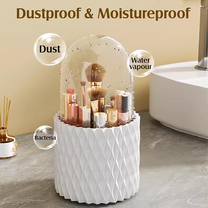 Makeup Brush Holder 360 Rotating Make up Organiser with Dustproof Lid???Acrylic Make up Brush Holder for Lipstick, Lip Gloss, Eyeliner, Bedroom, Bathroom (White)