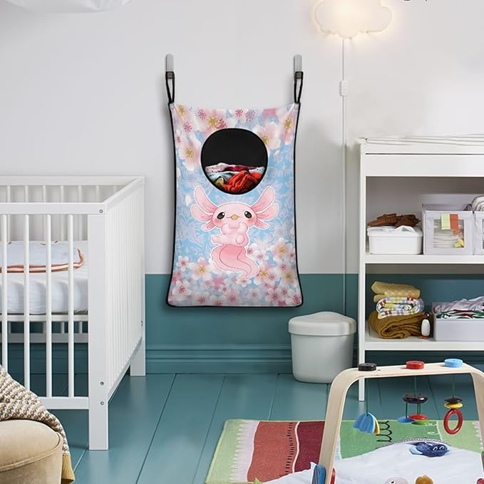 ZOUTAIRONG Cute Axolotl Hanging Laundry Hamper Saving Space Laundry Bag Pink Cherry Blossom Laundry Basket Over The Door Storage Bags for Bedroom Home Dirty Clothes Hampers Blue