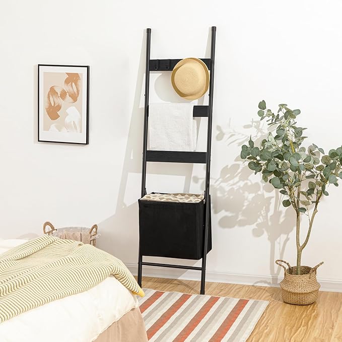 HOOBRO Blanket Ladder with Basket, 17.3”L x 63.4”H, Towel Rack with Hooks, Blanket Holder Rack, Decorative Ladder Shelf, Drying and Display Rack for Bathroom, Living Room, Black BB31CJ01