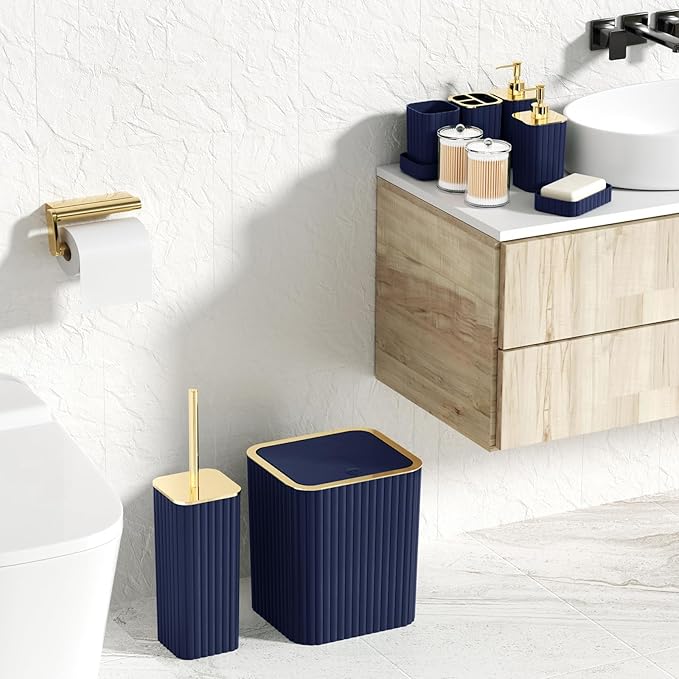 XLHOMO Bathroom Set with Shower Curtain and Rugs- 25PC Blue Bathroom Accessory Set, Navy Blue Shower Curtain Set, Toilet Brush, Trash Can, Qtip Holder & Soap Dispenser