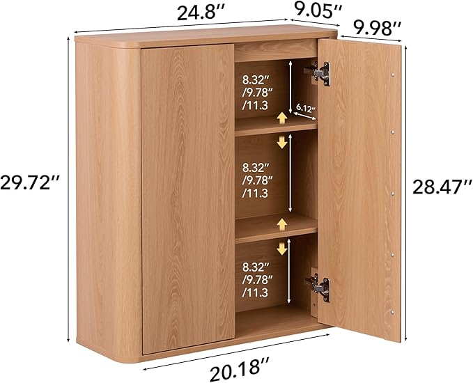 VANIRROR Wall Mounted Bathroom Cabinet, Premium Medicine Cabinet with Safe Rounded Edges, 2-Door Wood Storage Organizer with Adjustable Shelves for Laundry, Kitchen