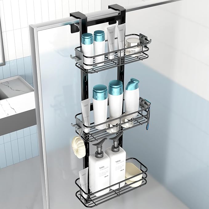 Nieifi Over The Door Shower Caddy Pantry Organizer Rack with Reliable Hooks, Sturdy Hanging Shower Organizer Shelf Basket Storage Rack, Bathroom Shelves Drill Free Extra Large, Black
