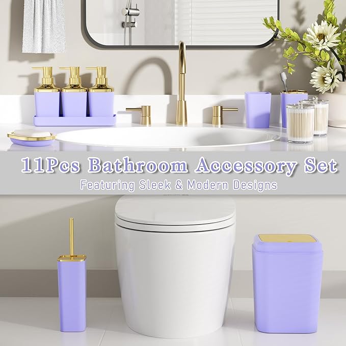Bathroom Set — Bathroom Accessories Set, 11PC Bathroom Accessory Set, Purple Bathroom Set with Push-lid Trash Can, 3PC Soap Dispensers, Toilet Brush & Qtip Holders
