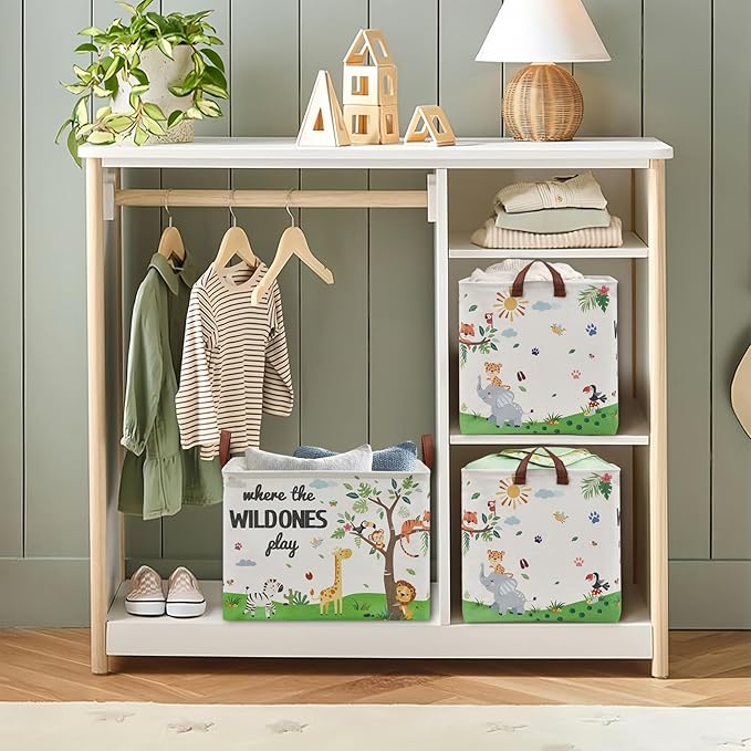 Jungle Safari Nursery Decor Basket -Elephant Giraffe Baby Boy Laundry Basket, Tropicals Laundry Hamper, Kids Toy Box Bin for Bedroom Bathroom Livingroom