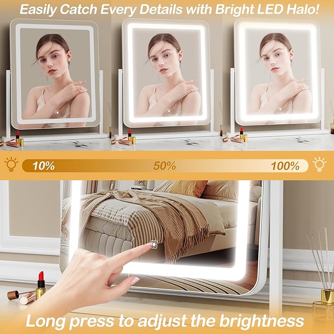 Gvnkvn Lighted Makeup Mirror, Hollywood Vanity Mirror with Lights, Three Color Lighting Modes, and Detachable 10X Magnification Mirror, Smart Touch Control, 360°Rotation (15.2in. Gold)