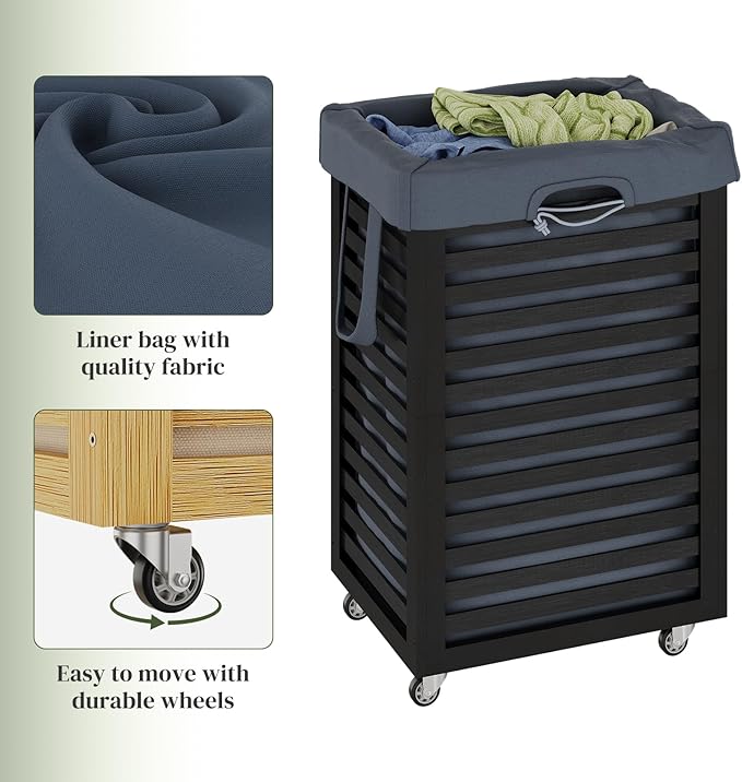 Laundry Hamper with Wheels, Laundry Basket with Liner, 85L Large bamboo Laundry Clothes Laundry Hamper, Liner with Handles, Dirty Clothes Storage Cart For Laundry Room, Dorm, Bedroom, Bathroom (Black)
