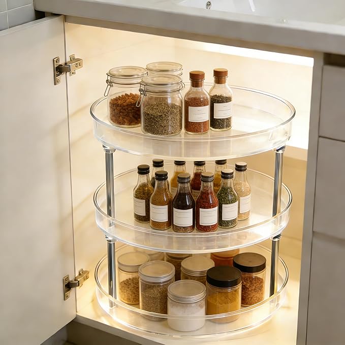 Rotating Makeup Organizer for Vanity Perfect Clear Round 3 Tier Perfume Skincare Cosmetic Stand Bathroom Countertop Storage 9.25"