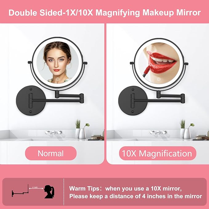 Wall Mounted Lighted Vanity Mirror, 8" Double Sided 1X/10X Magnifying Shaving Mirror with 3 Color Lighting, Rechargeable 2000mAh Battery, Extendable Arm for Makeup, Grooming, Bathroom, Black