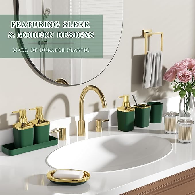 Bathroom Set — Green Bathroom Accessories Set, 11PC Bathroom Accessory Set, Green Bathroom Set with Push-lid Trash Can, 3PC Soap Dispensers, Toilet Brush & Qtip Holders