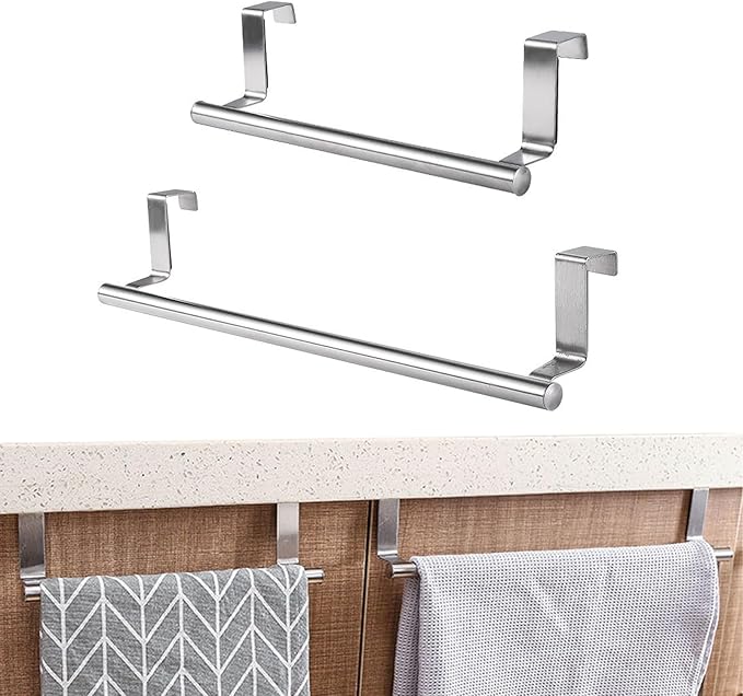 2 Pack Over The Door Towel Rack, Towel Rack for Cabinet, Over Cabinet Towel Holder, Stainless Steel Dual-Side Rack with EVA Pads, No-Tool Mount for Doors ≤0.83" Thick (9.4"/14.2", Brushed Nickel)