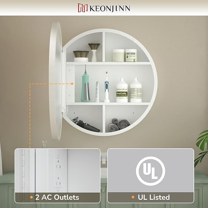 Keonjinn 26 Inch Round Medicine Cabinet with Lights, White LED Bathroom Medicine Cabinet Mirror, Circle, Electrical Outlet, 3 Color Lights, Anti-Fog, Dimmable, Surface Mount Only