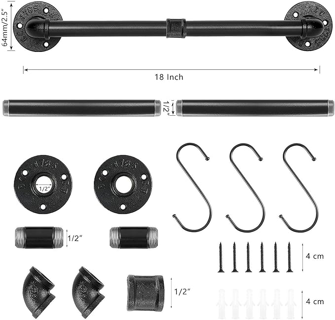 Industrial Pipe Towel Rack Towel Bar, Heavy Duty Wall Mounted Rustic Farmhouse Bath Towel Holder for Bathroom (Black, 18 Inch)